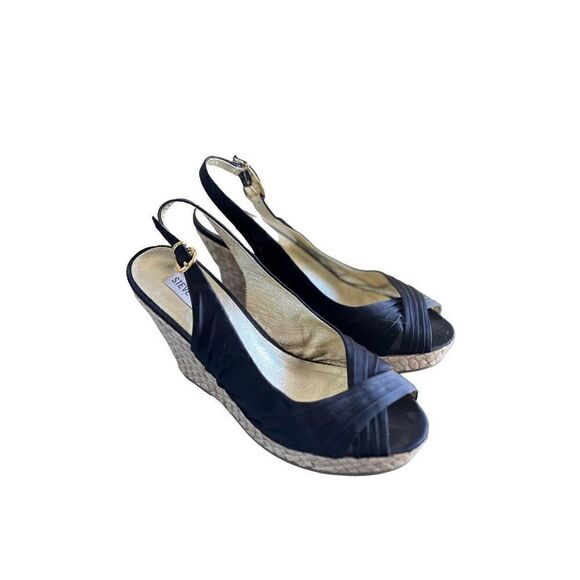 Steve Madden Black Satin Slingback Rope Platform Wedge Size 8 - Picture 4 of 6